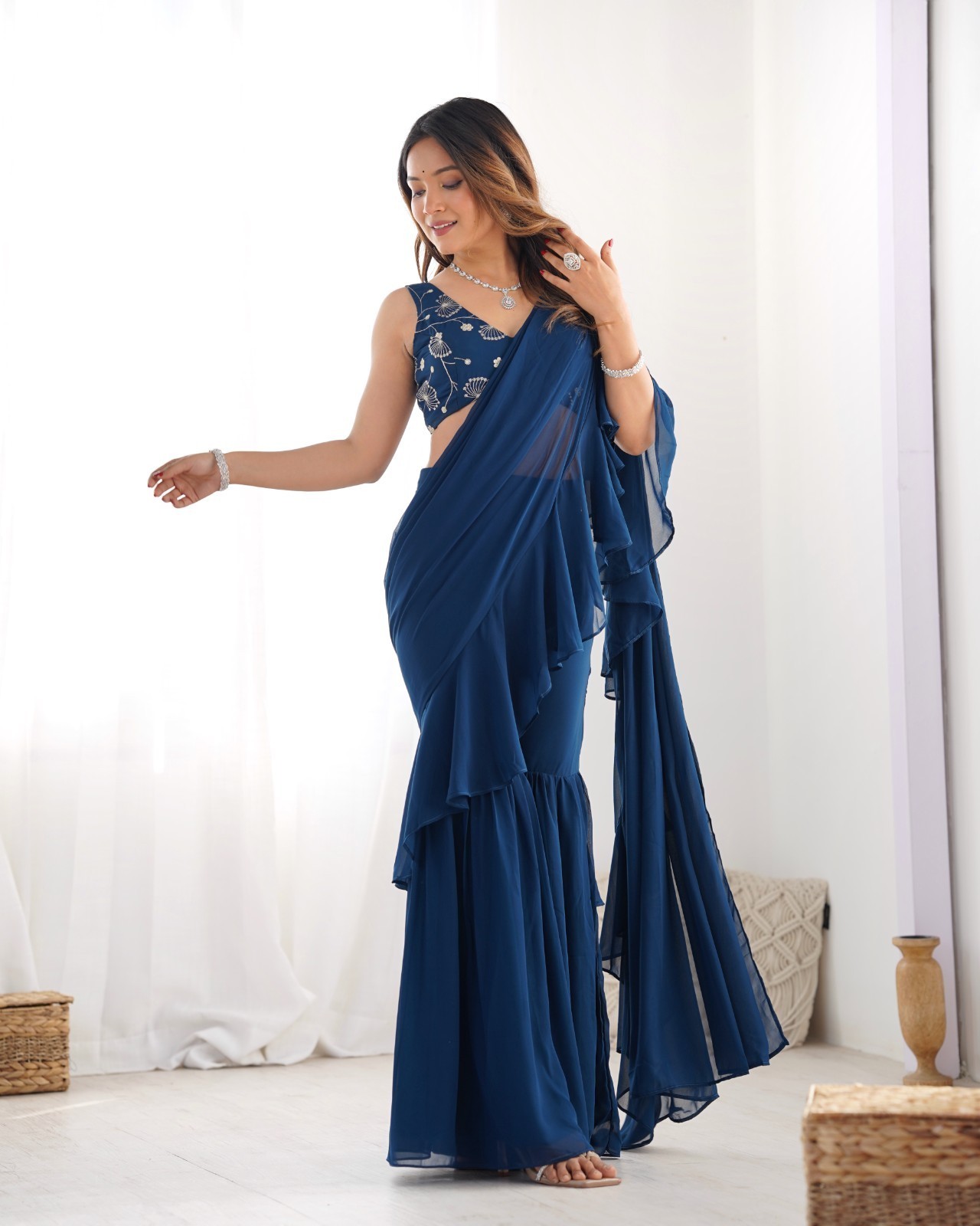 Bollywood Designer Draped Sari Blouse Unstitch Party Wedding Ready To Wear Saree