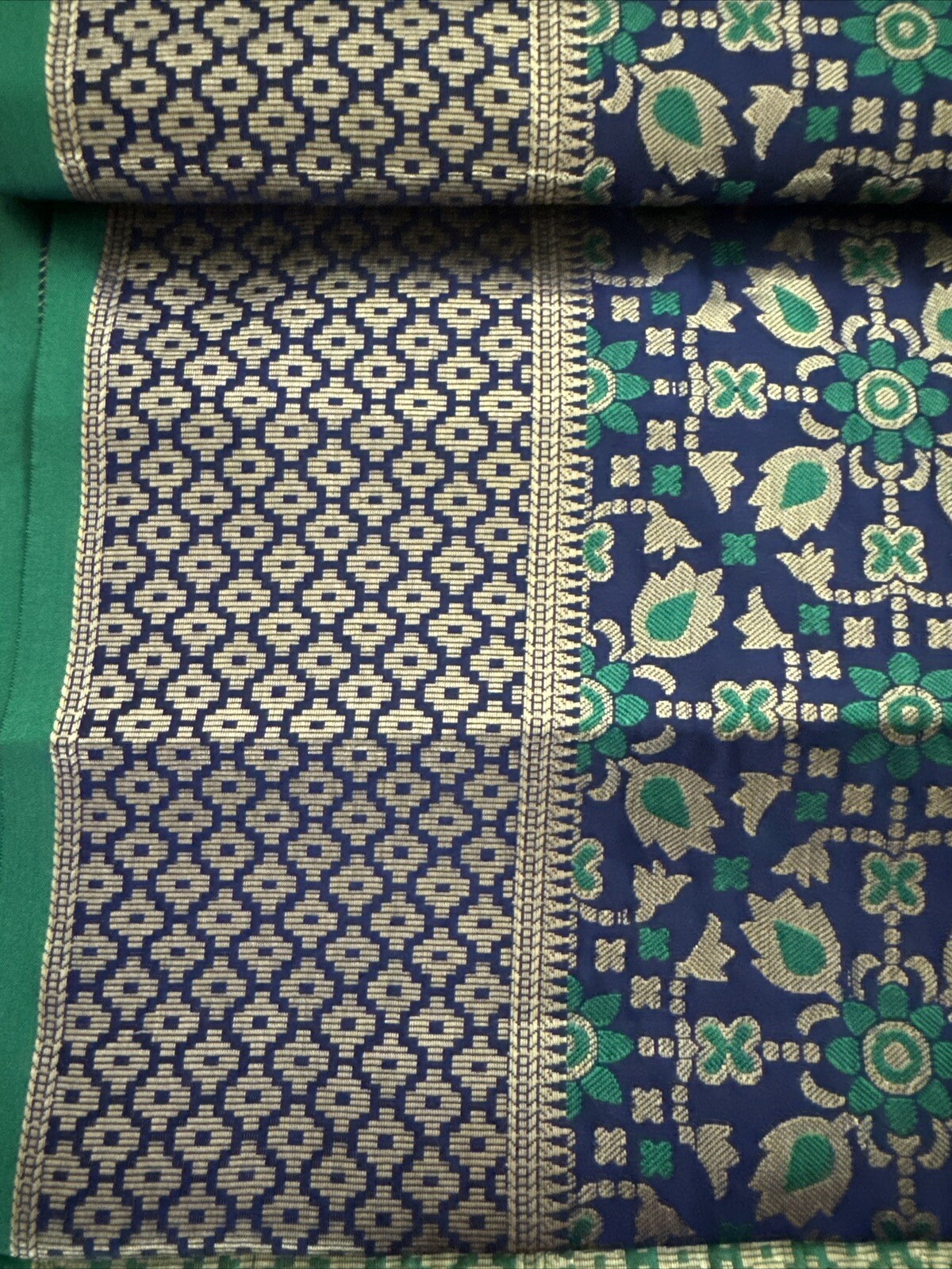 Indian Saree in Green, Blue, and Gold Color
