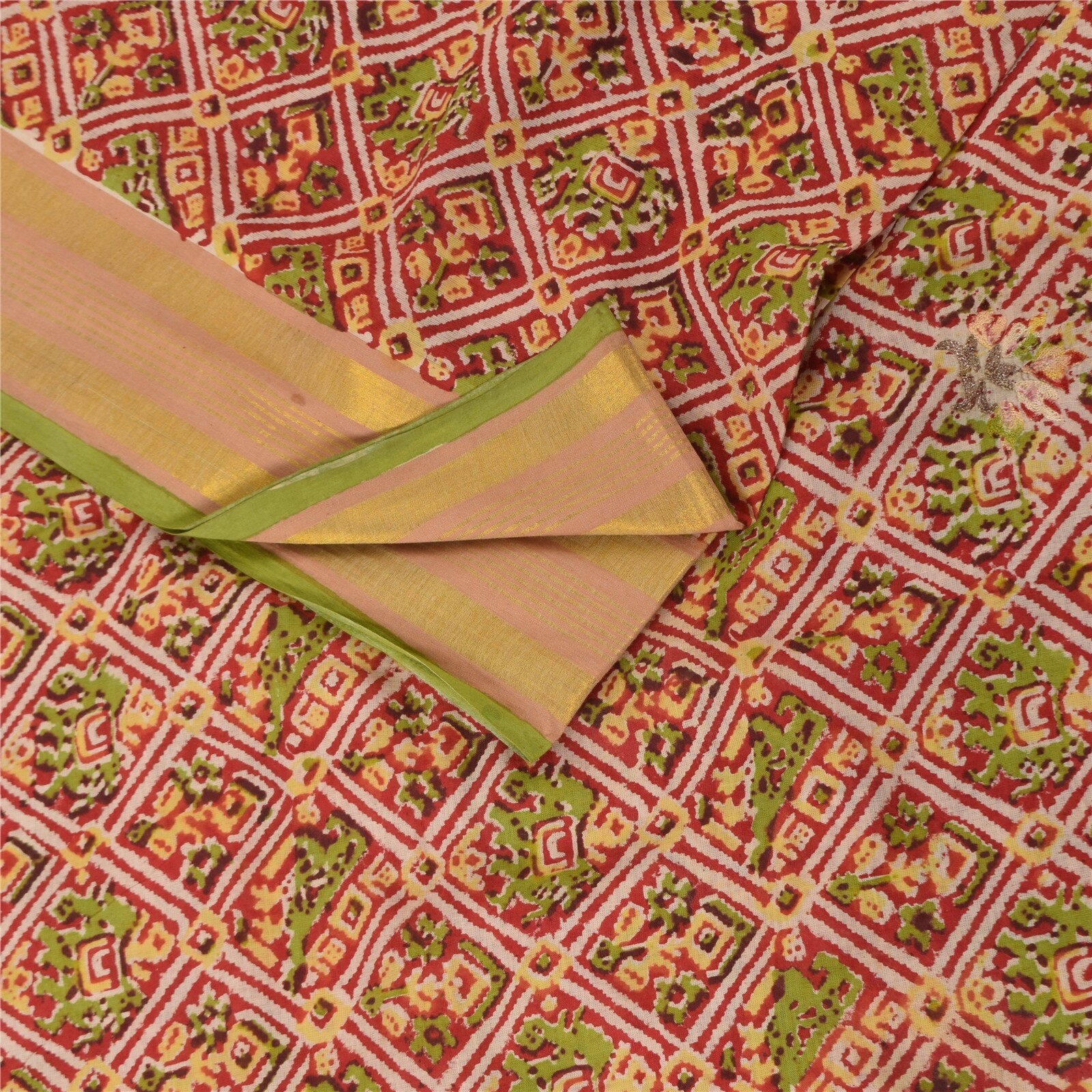 Sanskriti Vintage Sarees Red Hand Block Printed Pure Cotton Sari 5+Yd Fabric