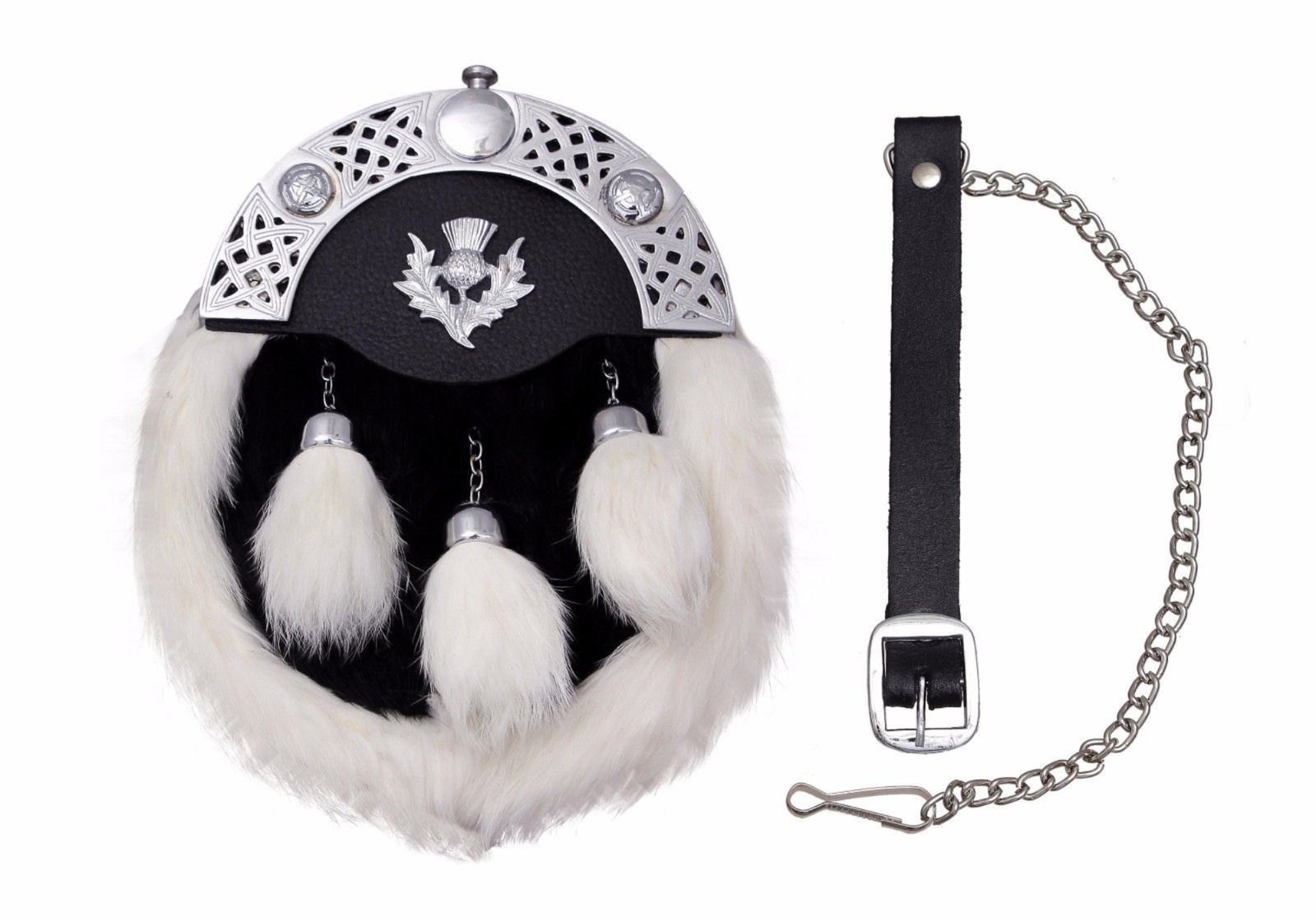 Full Dress Leather Sporran Fur & Chrome Celtic Cantle Thistle Traditional Wallet
