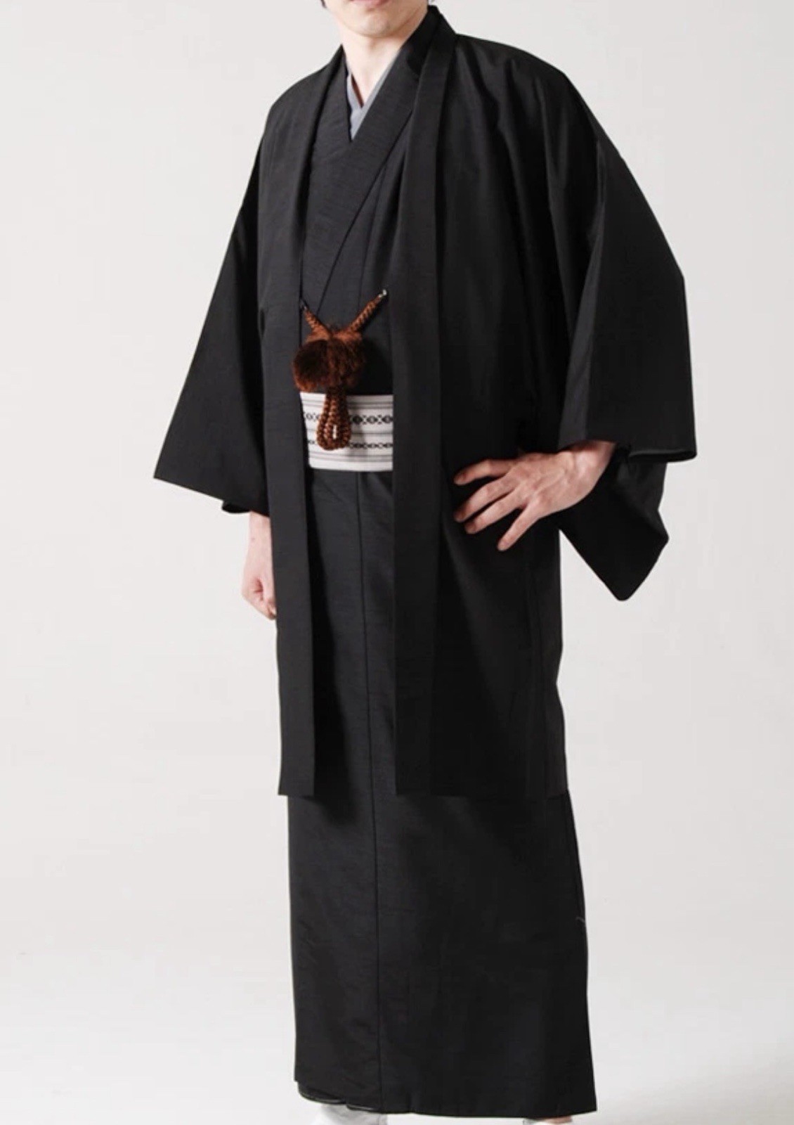 Japanese Men’s Kimono Yukata, Haori, Obi Belt Zouri Complete Set Size LL Black