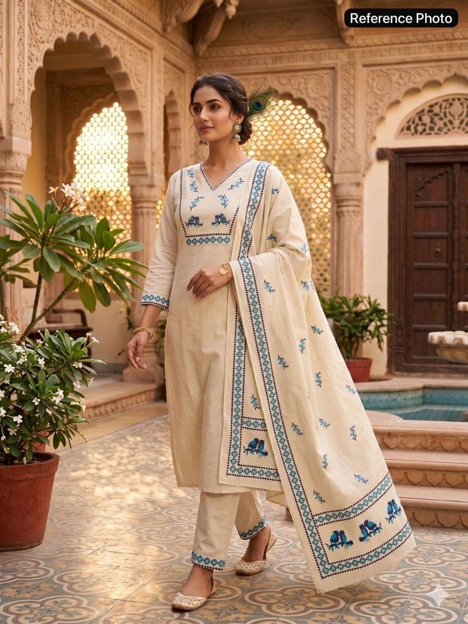 Women Ethnic Khadi Cotton Kurti Pant Dupatta Set Digital Print Sequin Work