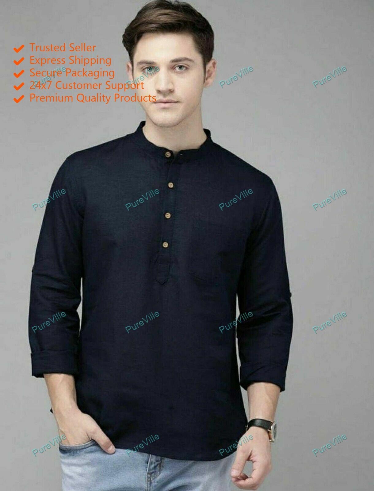 Solid Plain Traditional Top Shirt Solid Mens Wear Cotton Short Black Kurta