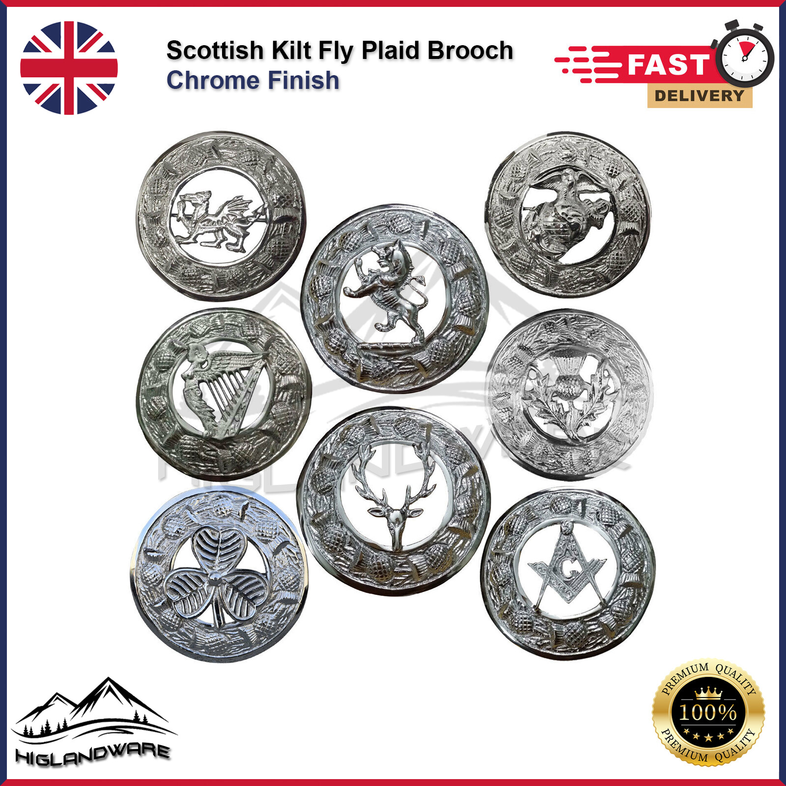 HIGHLAND SCOTTISH KILT FLY PLAID BROOCH 3″ CHROME FINISH IRISH & CELTIC DESIGNS