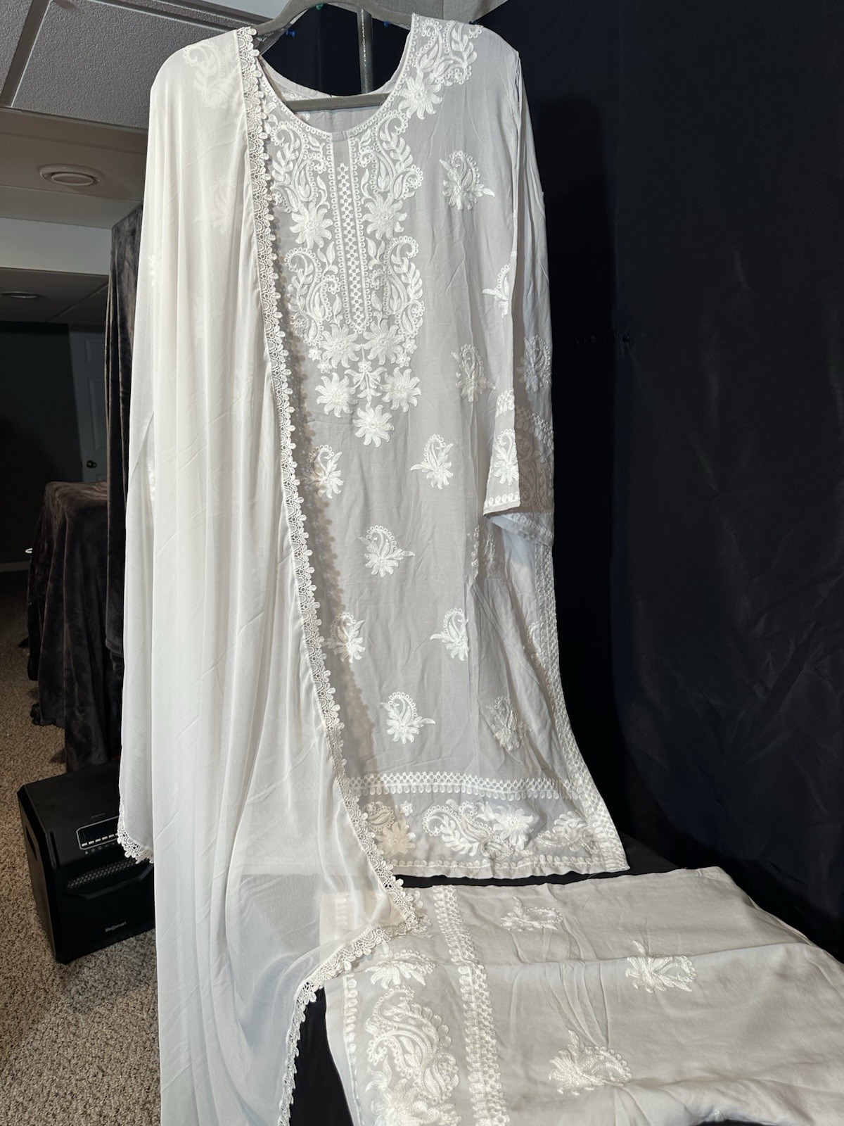 Beautiful soft linen Front & back emb-3 pc suit-emb plazo, laced dupatta-$40