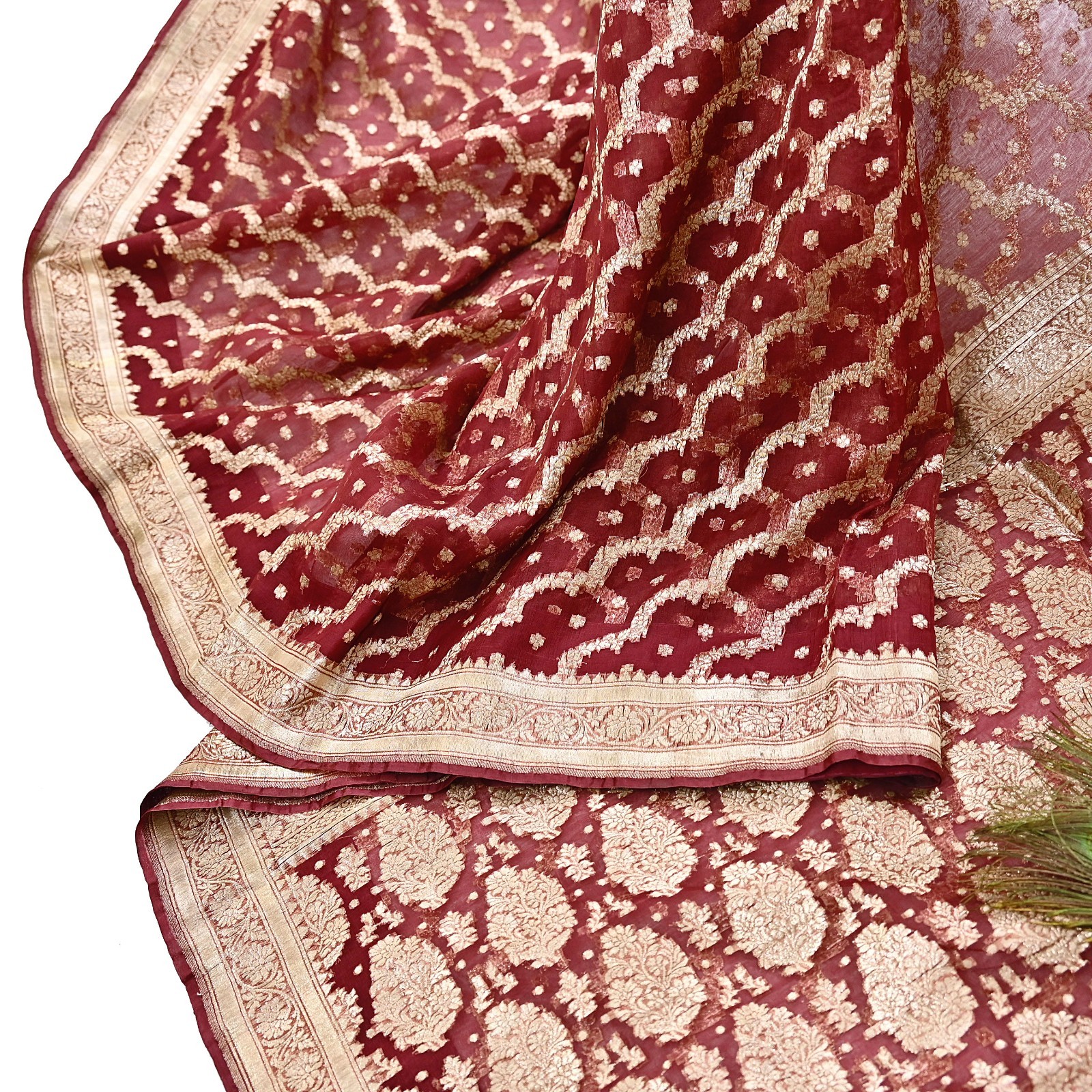 Indian Vintage Sari Heavy Maroon Pure Organza Silk Woven Brocade Banarasi Sarees