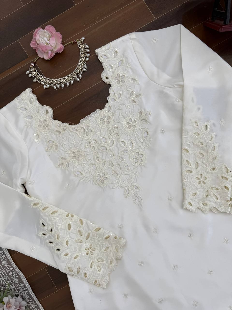 Ethnic Wear Natural Crep White Top Bottom With Dupatta For Women And Girls