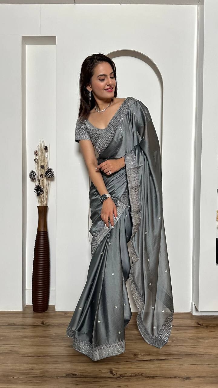 Exclusive Designer Grey Rangoli Silk Saree With Banglori Silk Blouse For Women