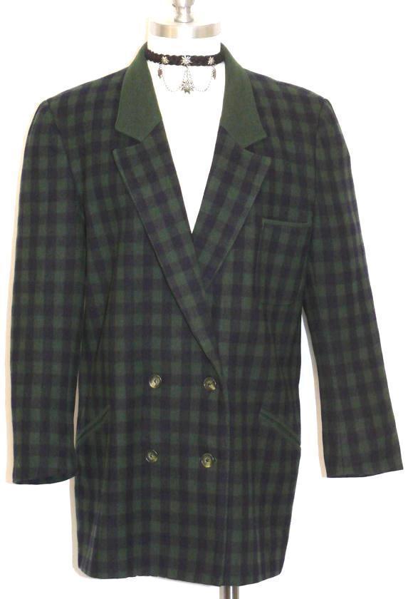 GREEN BLUE PLAID WOOL Jacket Hunting Women Austria WINTER Over Coat B42″ 38 12 M