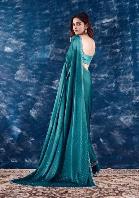 Indian Bollywood Designer Satin Saree Embellished Traditional Wedding Wear Sari