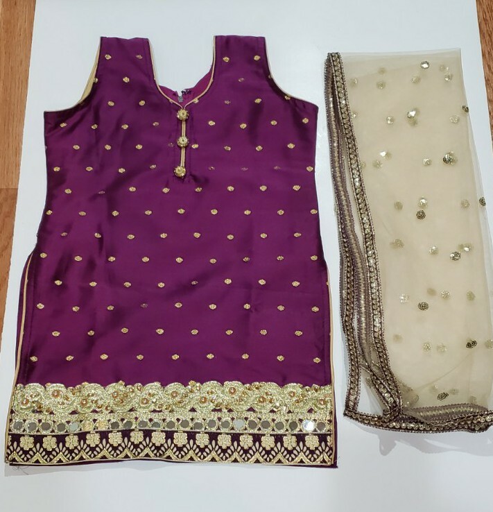 Toddler Girl Indian Purple Silk Salwar Kameez With Gold Net Dupatta Sz 24″ (3-4)