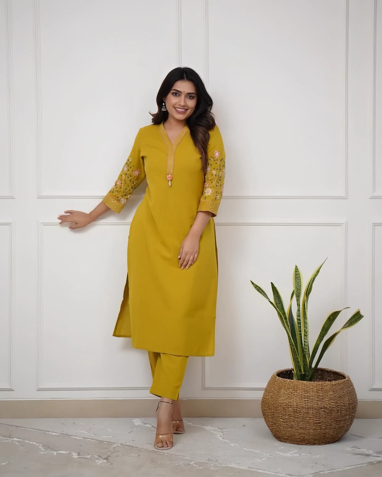 Women Multi-color Kurta Set with Embroidered Sleeves, V-Neck Straight Cut Pants