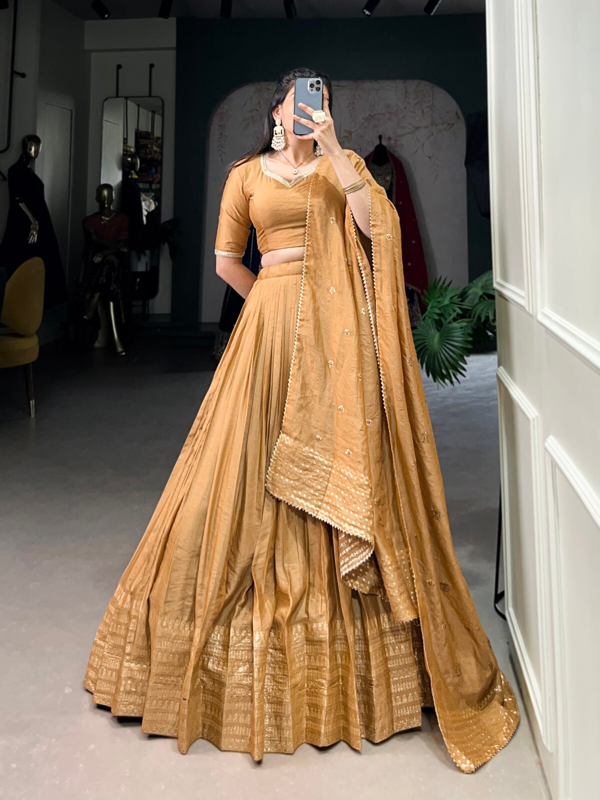 Indian Designer Chanderi Lehenga Choli With Dupatta For Wedding