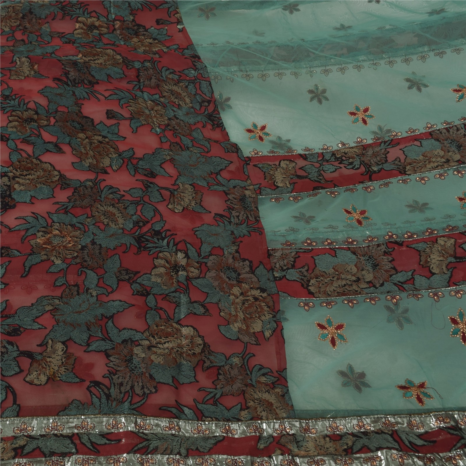 Sanskriti Vintage Red/Green Sarees Art Silk/Net Embroidered Premium Fabric Sari