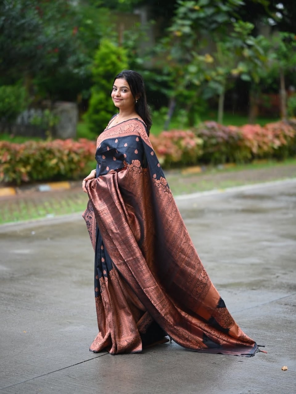 Designer Blue Silk Saree Copper Border Party Wear Sari Women
