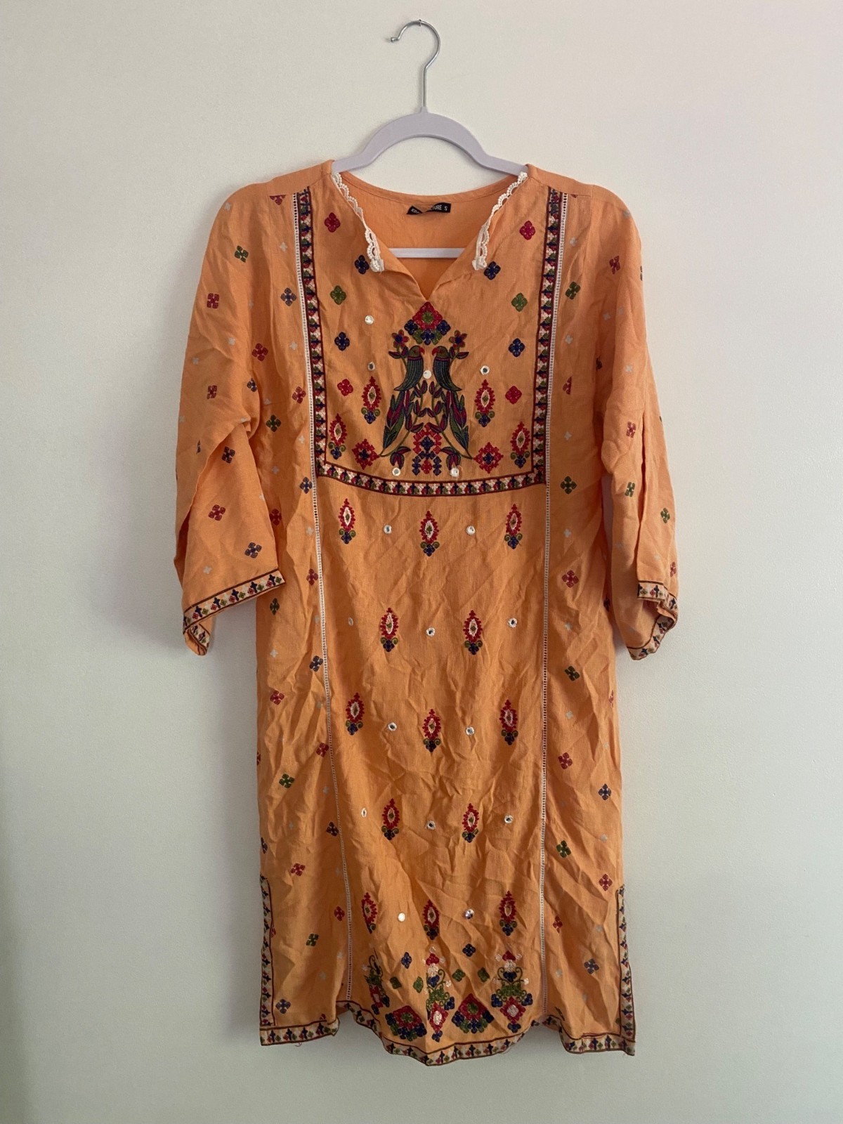 Kross Kulture Embroidered Orange Pakistani Kurta Bird Motif Size Small