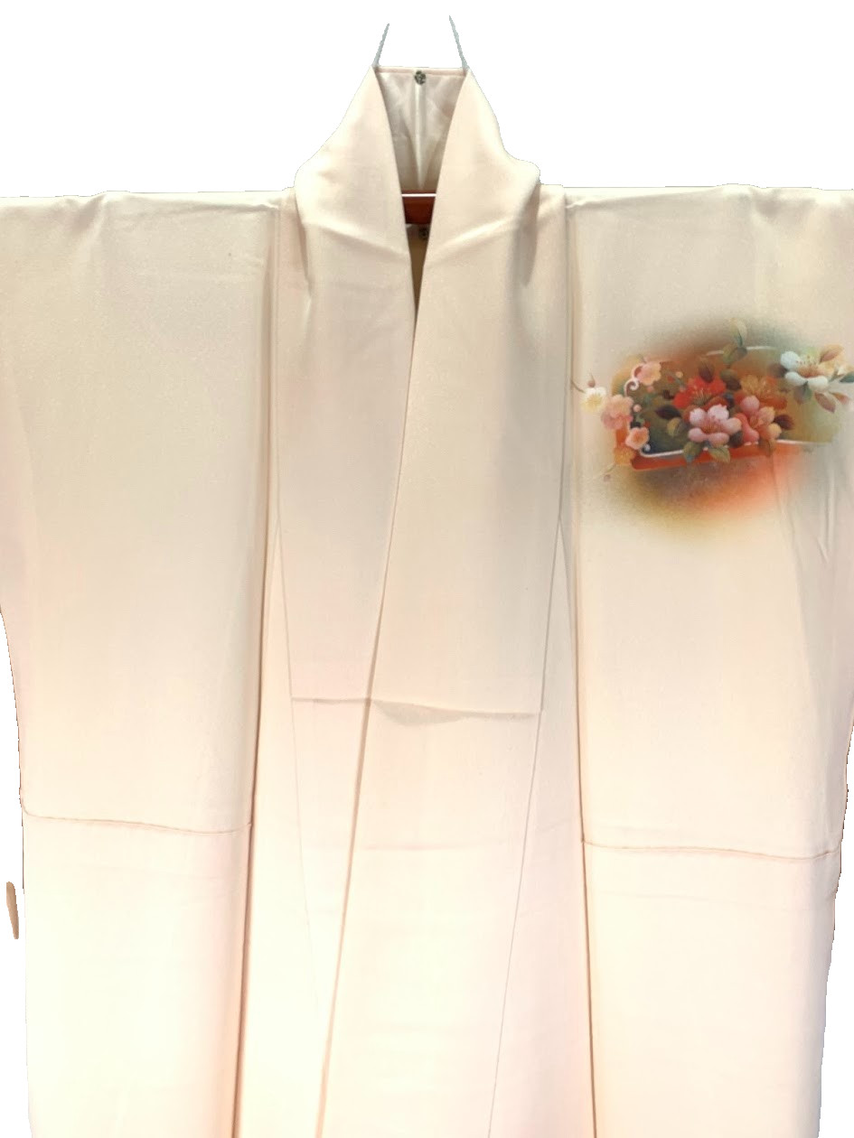 Vintage Japan Silk Houmongi Kimono S Peony Gold Hand-painted Yuzen Yuki 25.6″