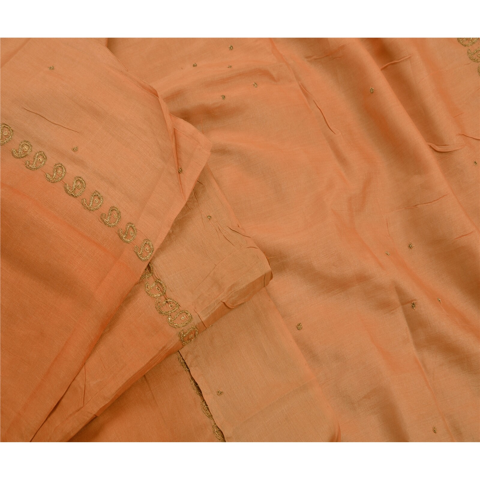 Sanskriti Vintage Indian Sarees Pure Silk Hand Embroidered Peach 5Yd Fabric Sari