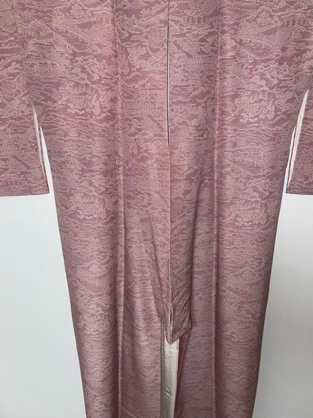 Japanese Kimono Edo Komon Pure Silk Pink Landscape Scenic Vintage Excellent XS