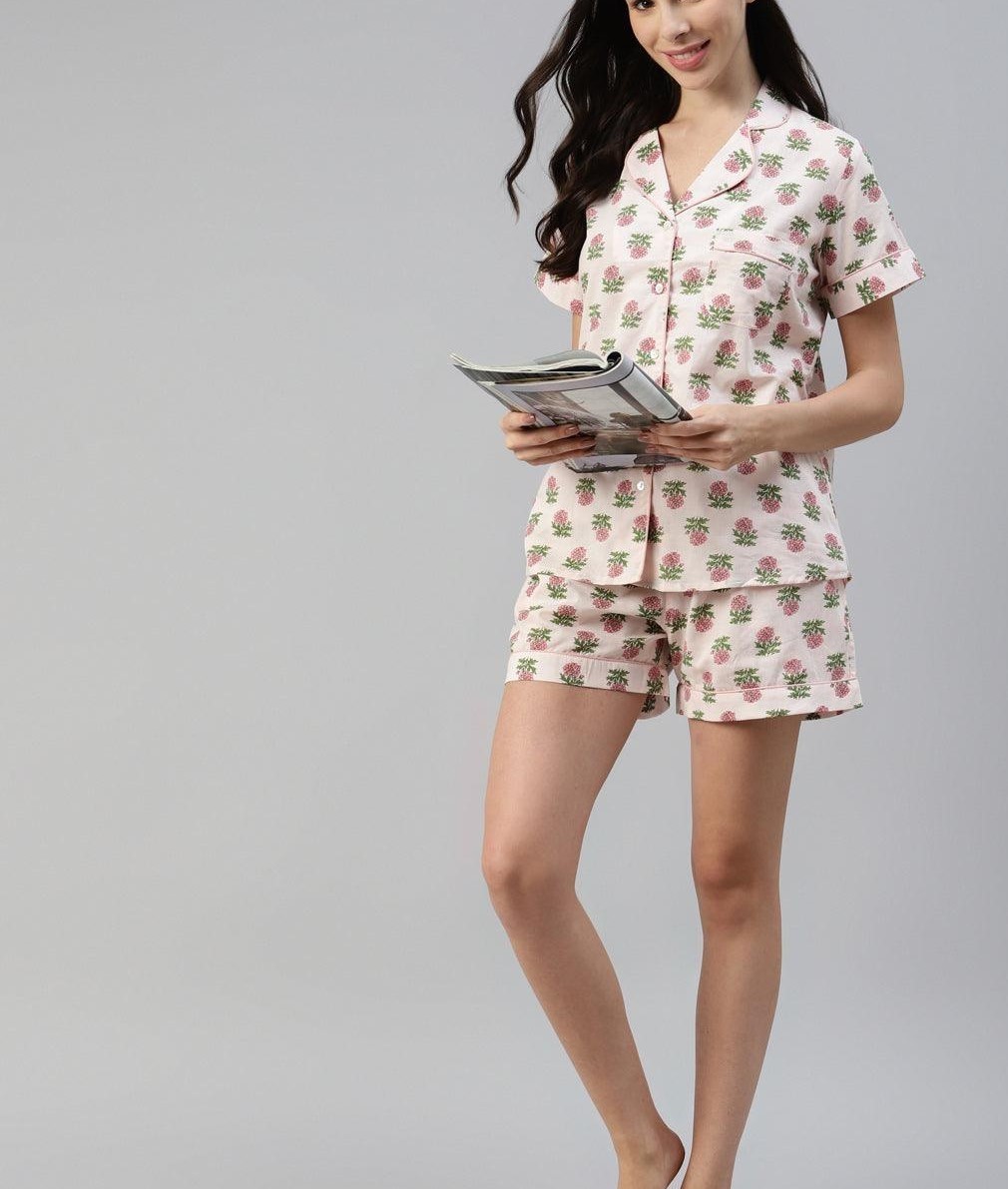 Sea Green Cotton Animal Print Short Night Suit for Women | Soft Short Sleepwear