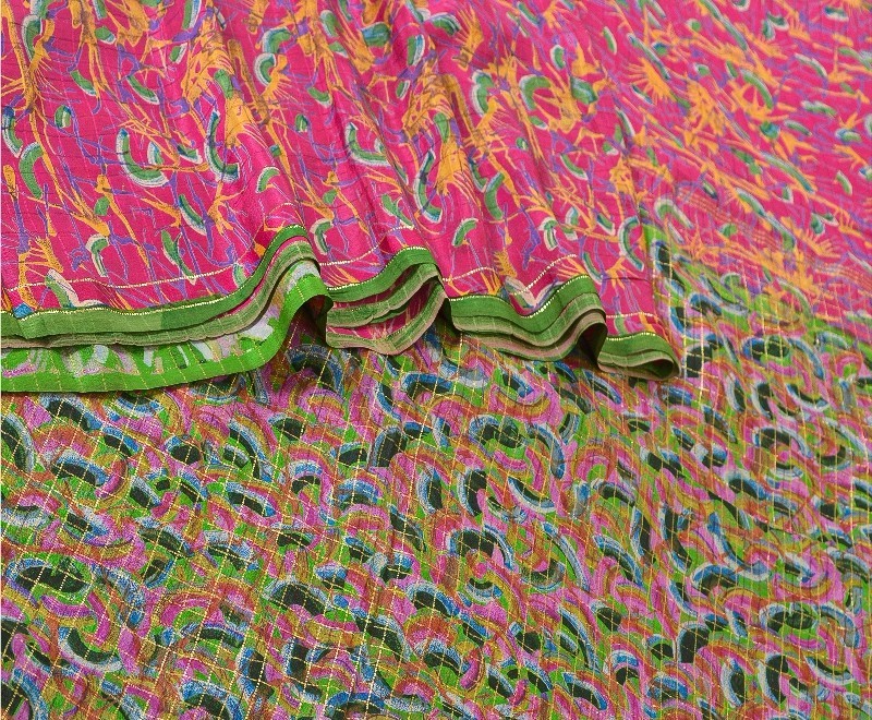 Sanskriti Vintage Sarees Indian Pink Pure Silk Printed Woven Sari Craft Fabric