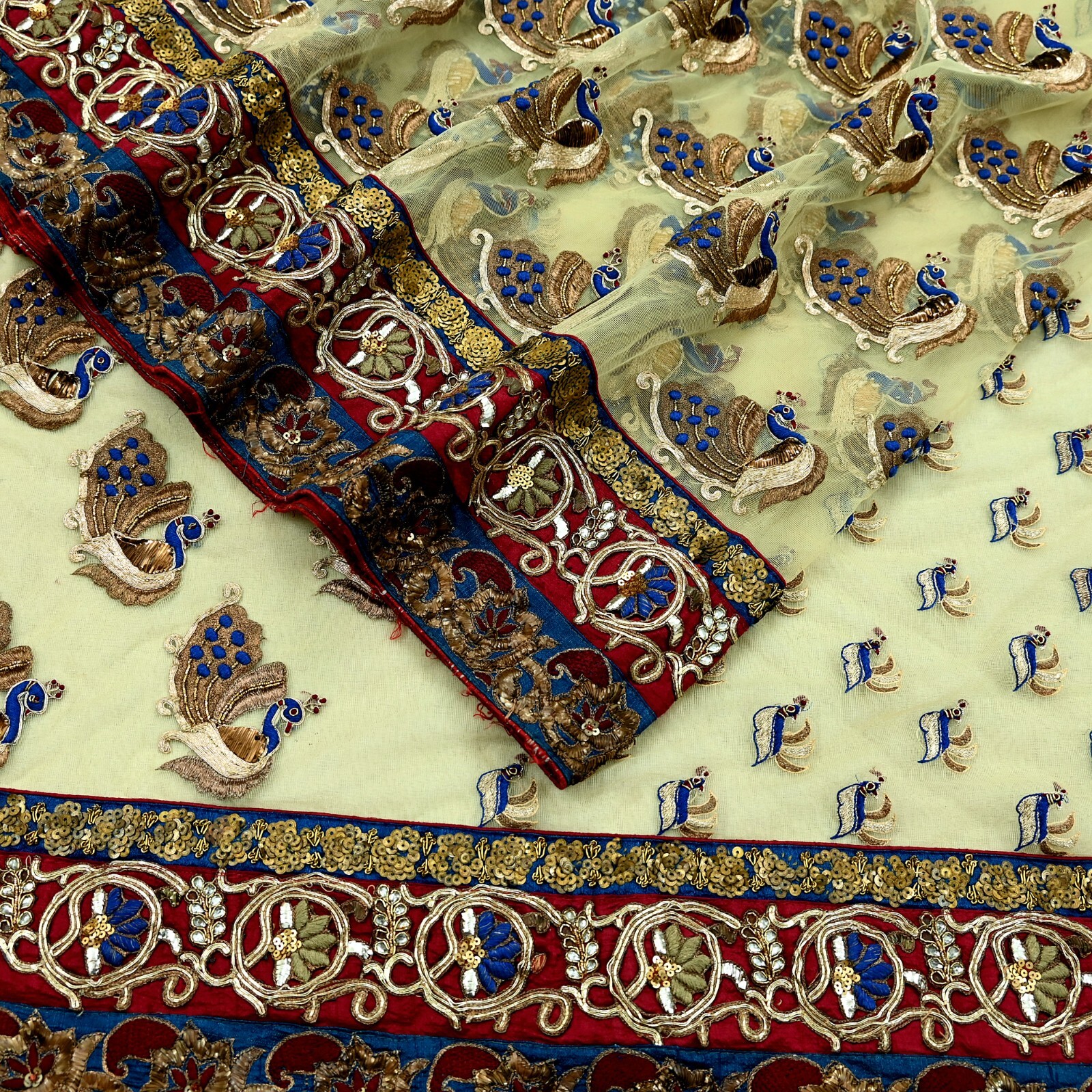 Indian Pre-owned Sari Ivory Net Hand Embroidered Anamika Khanna Designer Sarees