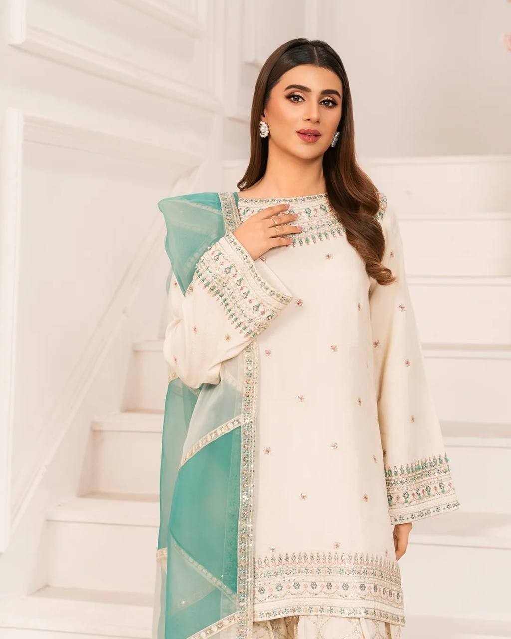 Luxury Natural Crepe Embroidered Top & Farshi Plazzo Set with Organza Dupatta