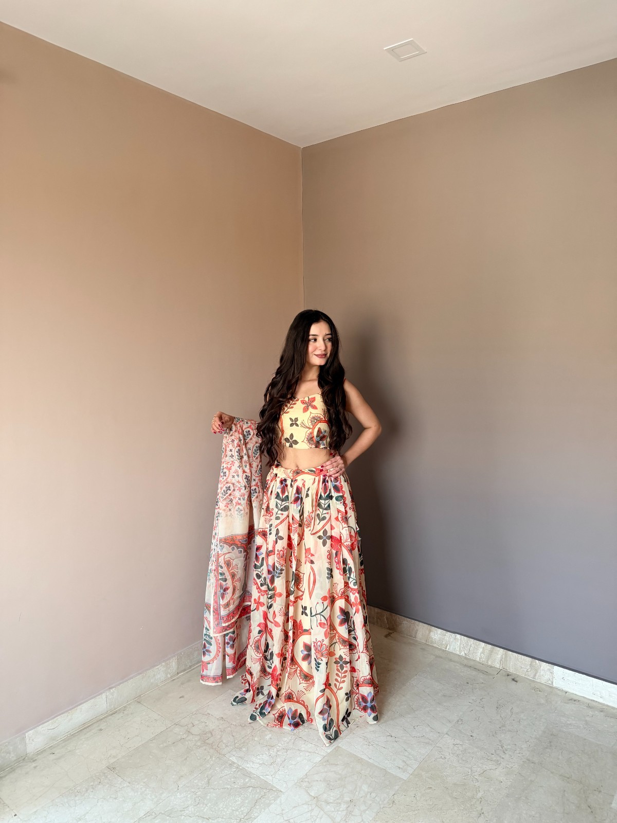 Pure Organza Floral Printed Lehenga Choli Set Intricate Hand Work Sleeveless