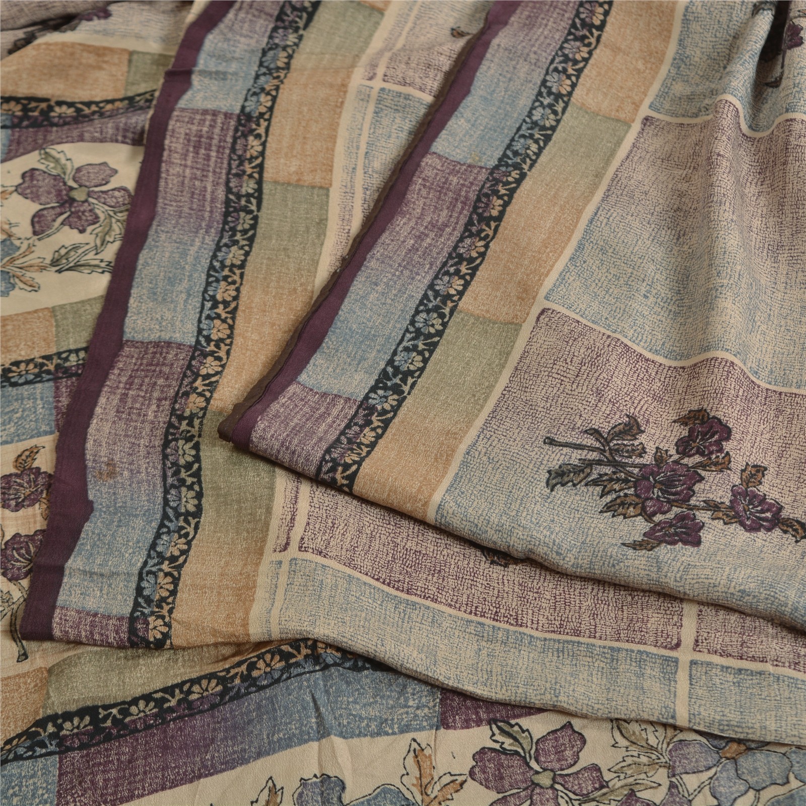 Sanskriti Vintage Sarees Pale-Cream Pure Crepe Silk Printed Sari Craft Fabric