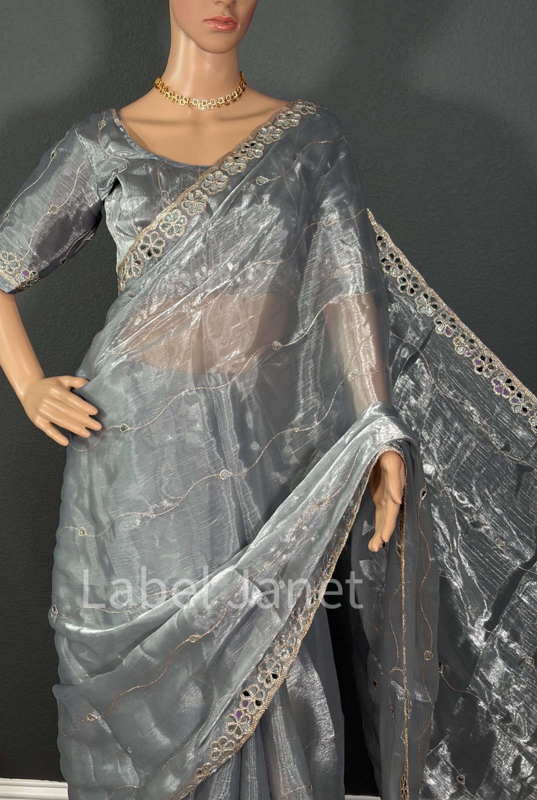 Silver Grey Organza Saree with Stitched blouse | Alterable (36″ – 42″)