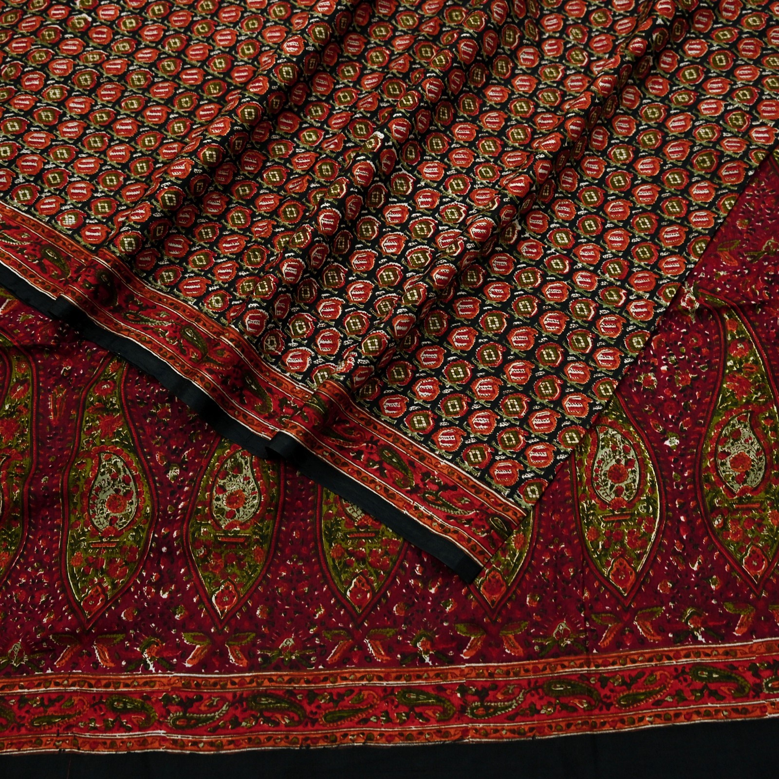 Vintage Sari Black & Maroon Pure Silk Printed Sarees 6yd Craft Fabric Sewing