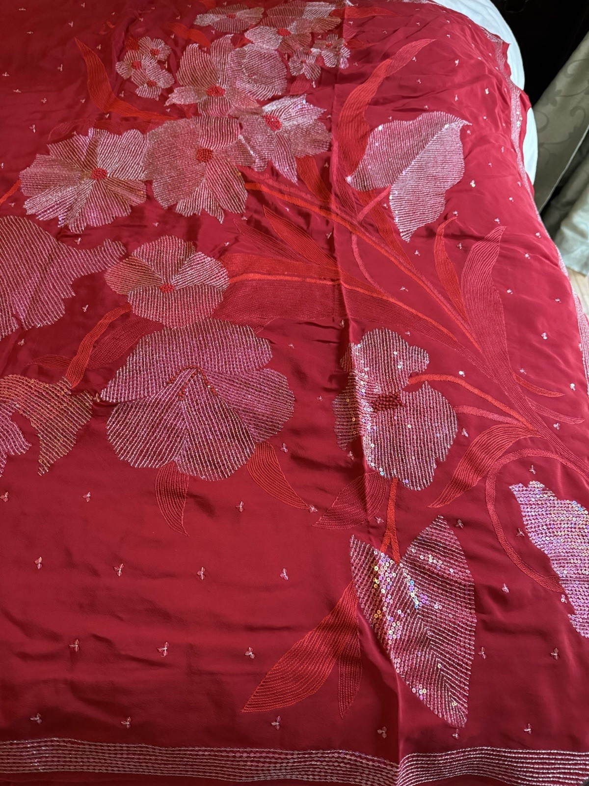Red Silver silk Floral Sequin Embellished Saree with Blouse for Women Free Size