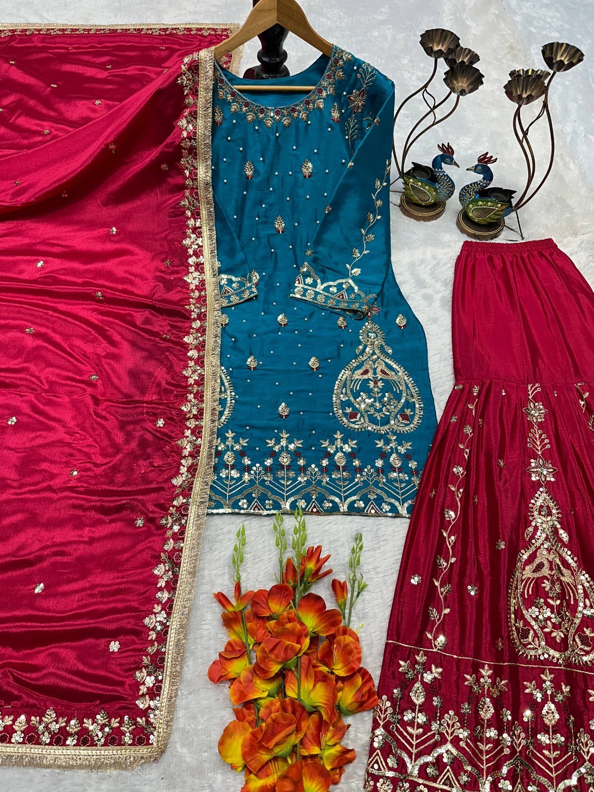 Designer Heavy Chinon Silk Blue Top Palazzo With Dupatta For Wedding Wear