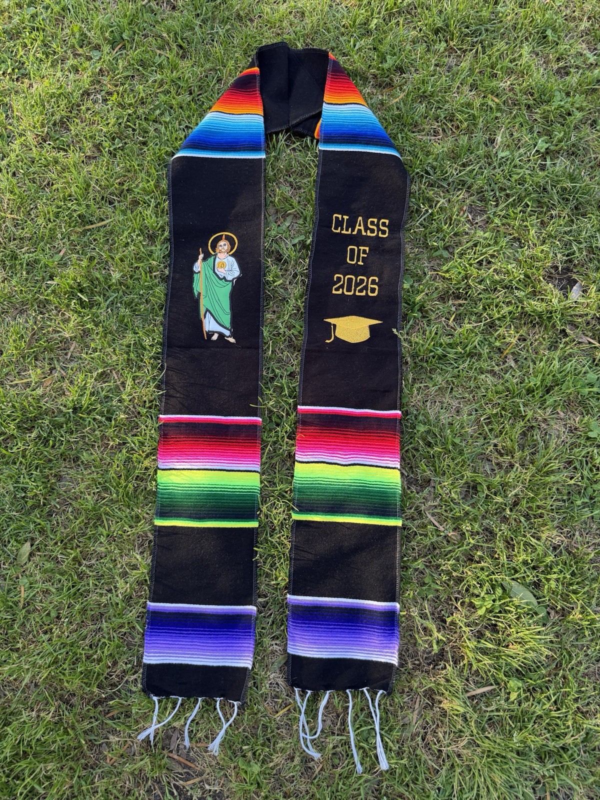Multicolor Serape Graduation Sash Class of 2026 San Judas and Cap Design
