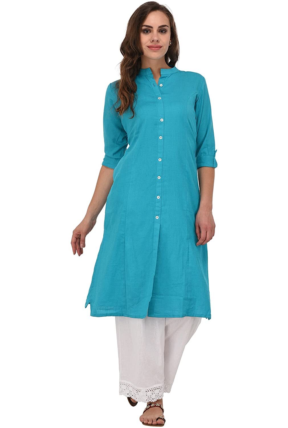 Cotton Kurta For Women 3/4 Sleeve Solid Black Straight Kurti Dress