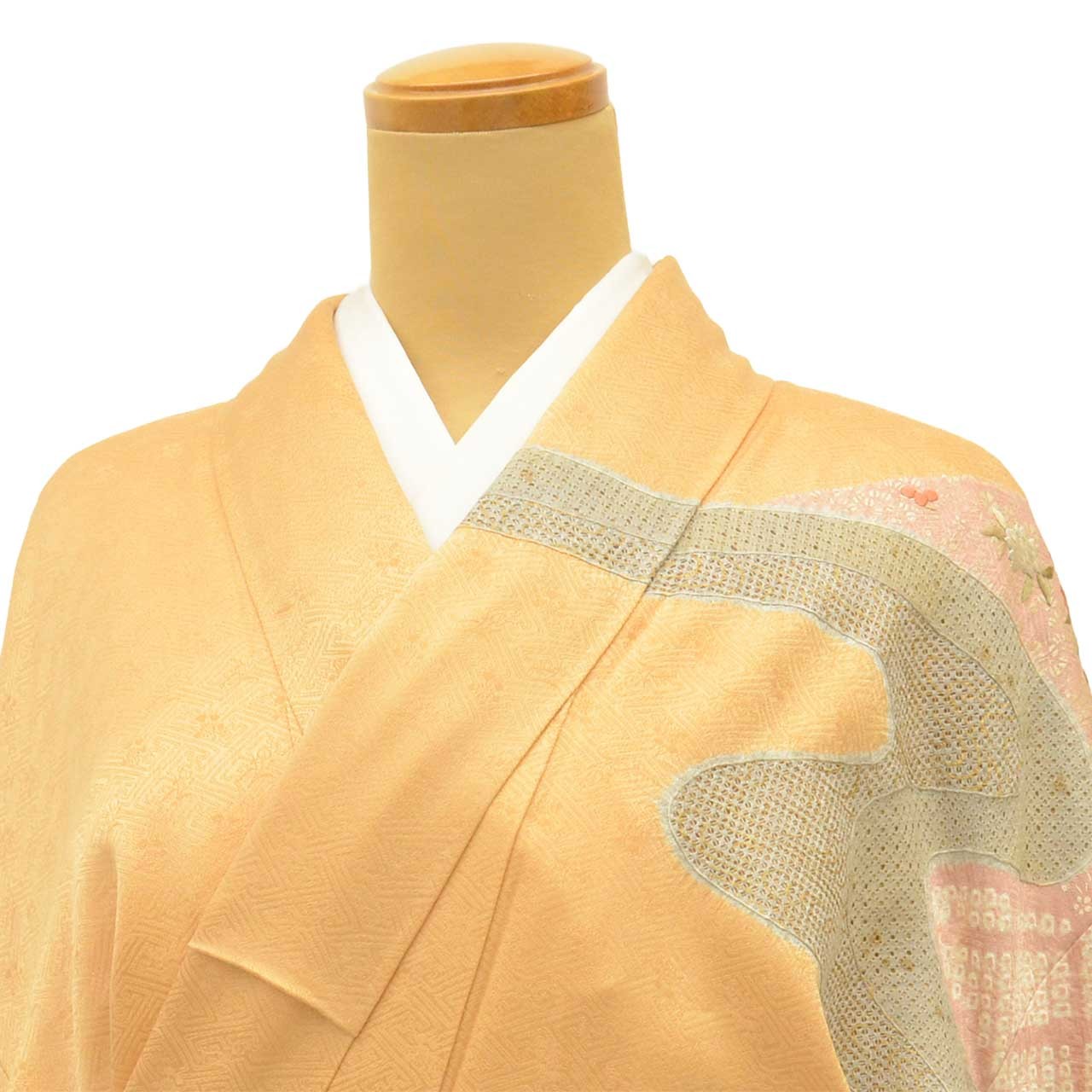Vintage Japanese Kimono | Houmongi | Orange Silk | Pine Floral | uu2732b