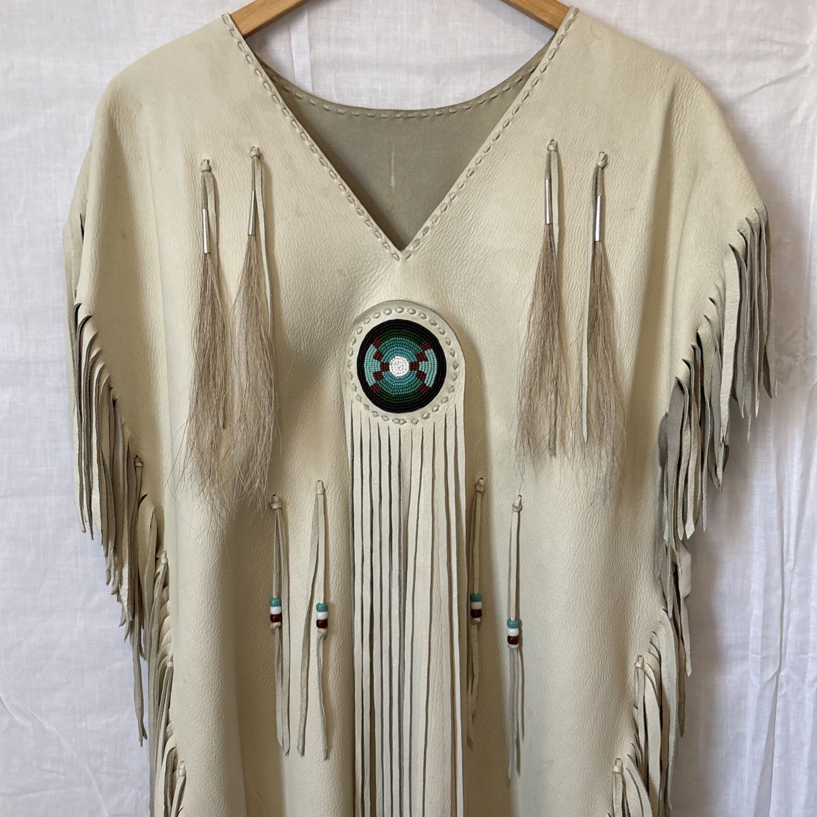 Native American Ivory DoeSkin Beaded Horse Hair Fringe Wedding Dress Medium 8-10