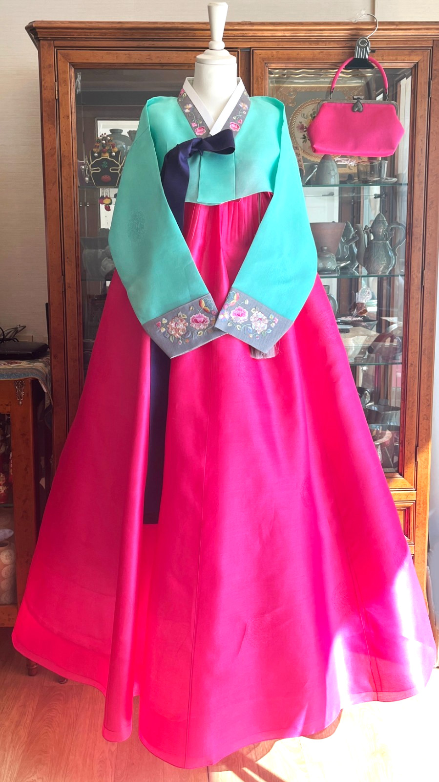 Korean Traditional Dress Silk Hanbok Set-Mint & Pink / Petticoat & Hanbok Bag