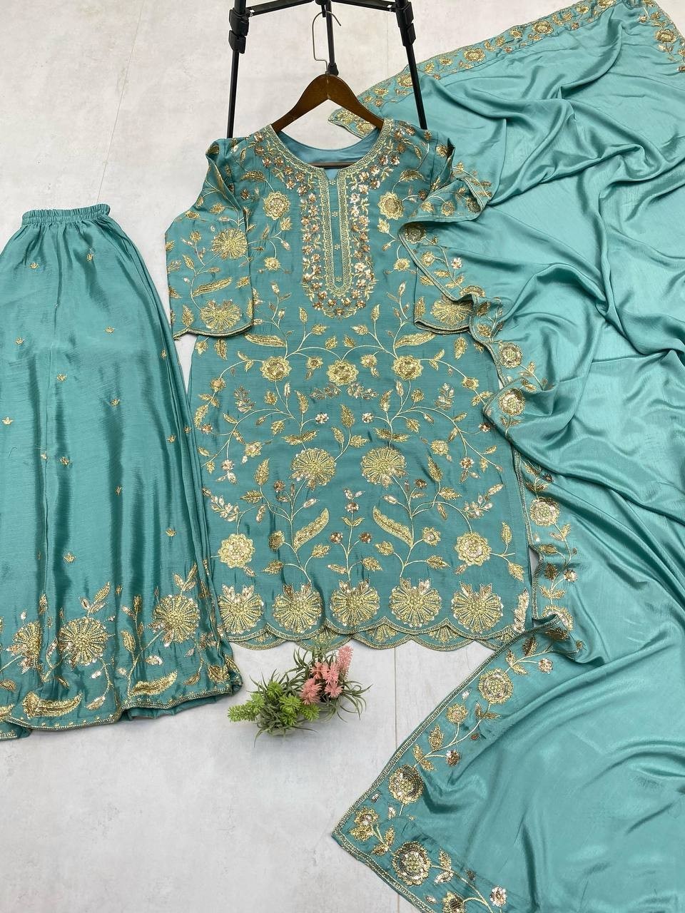Luxury Chinon Sequence Embroidered Palazzo Set with Dupatta | Wedding Collection