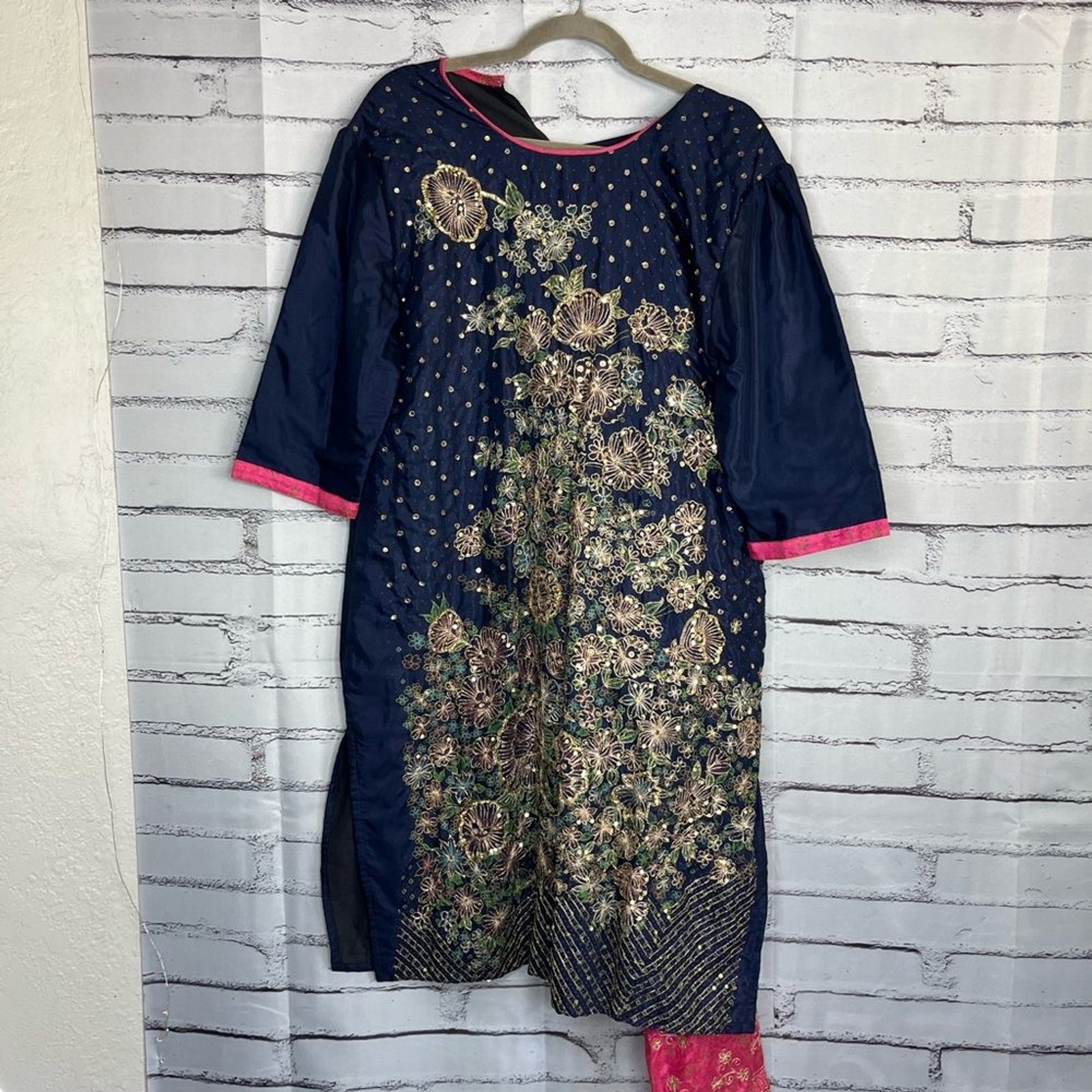 Sari Palace Navy Gold Embroidered Kameez Tunic Dupatta Pants Ethnic Party Wear
