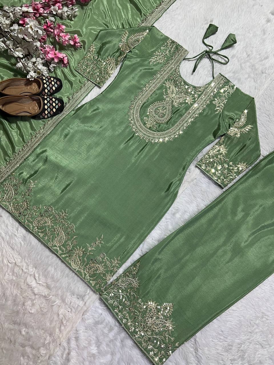 Latest New Heavy Chinon Silk Green Salwar Kameez With Dupatta For Women & Girls