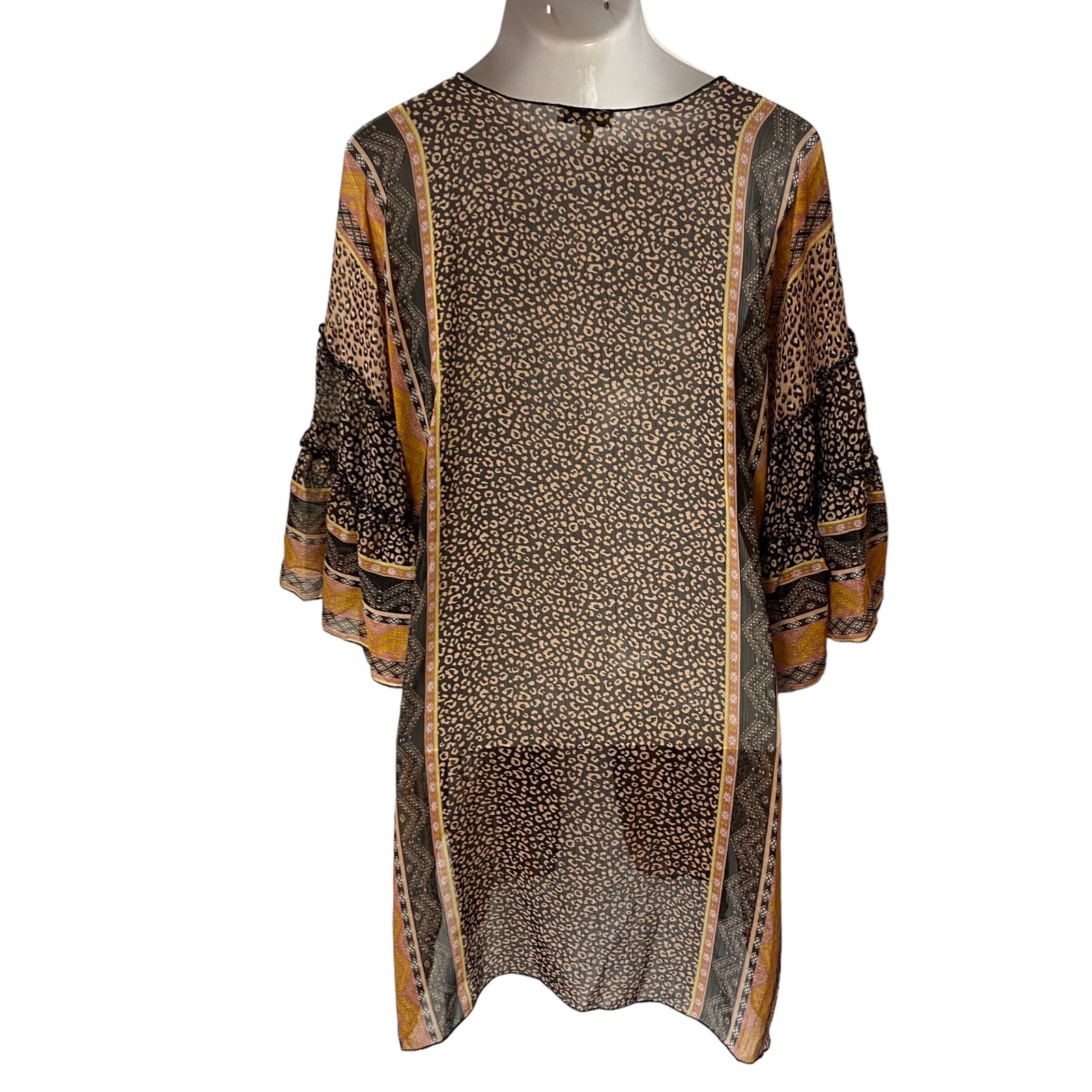 Democracy Kimono Womens Large Duster Brown Animal Ruffle Lagenlook Boho Office