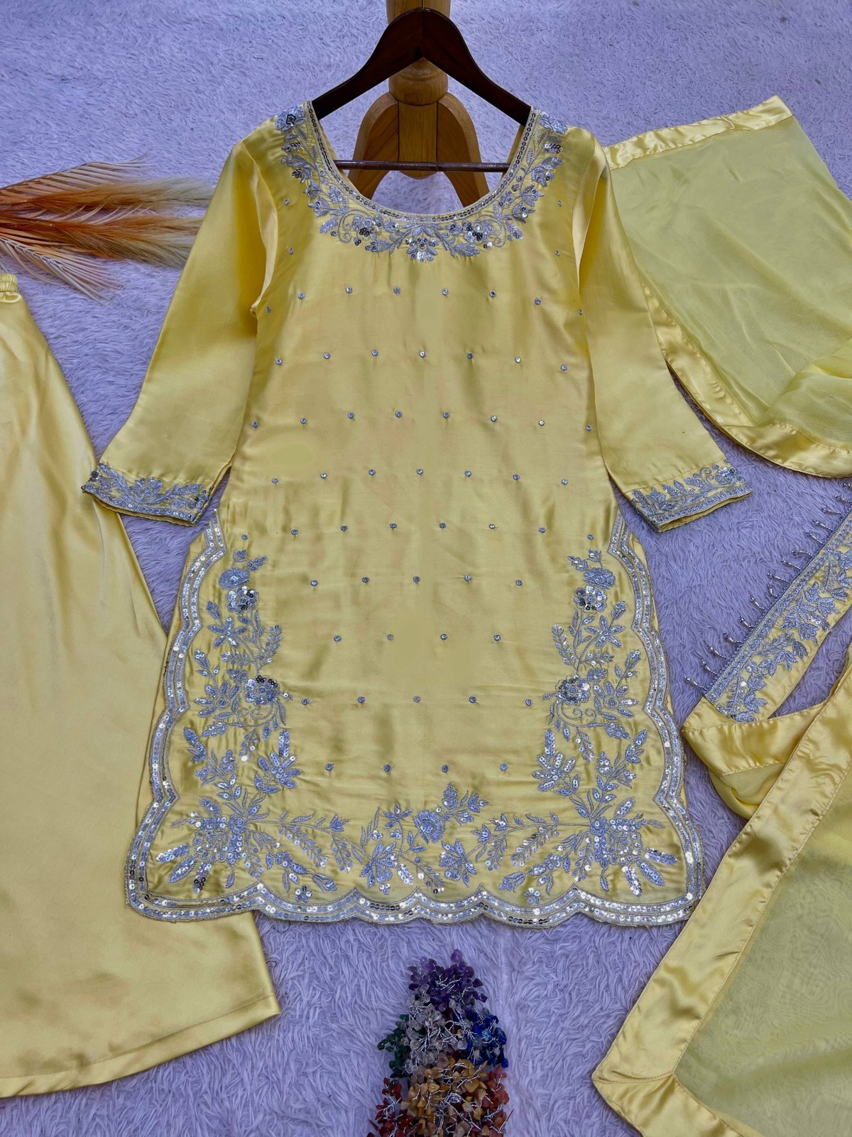 New Designer Yellow Devsena Silk Kurta Palazzo With Dupatta For Wedding Wear