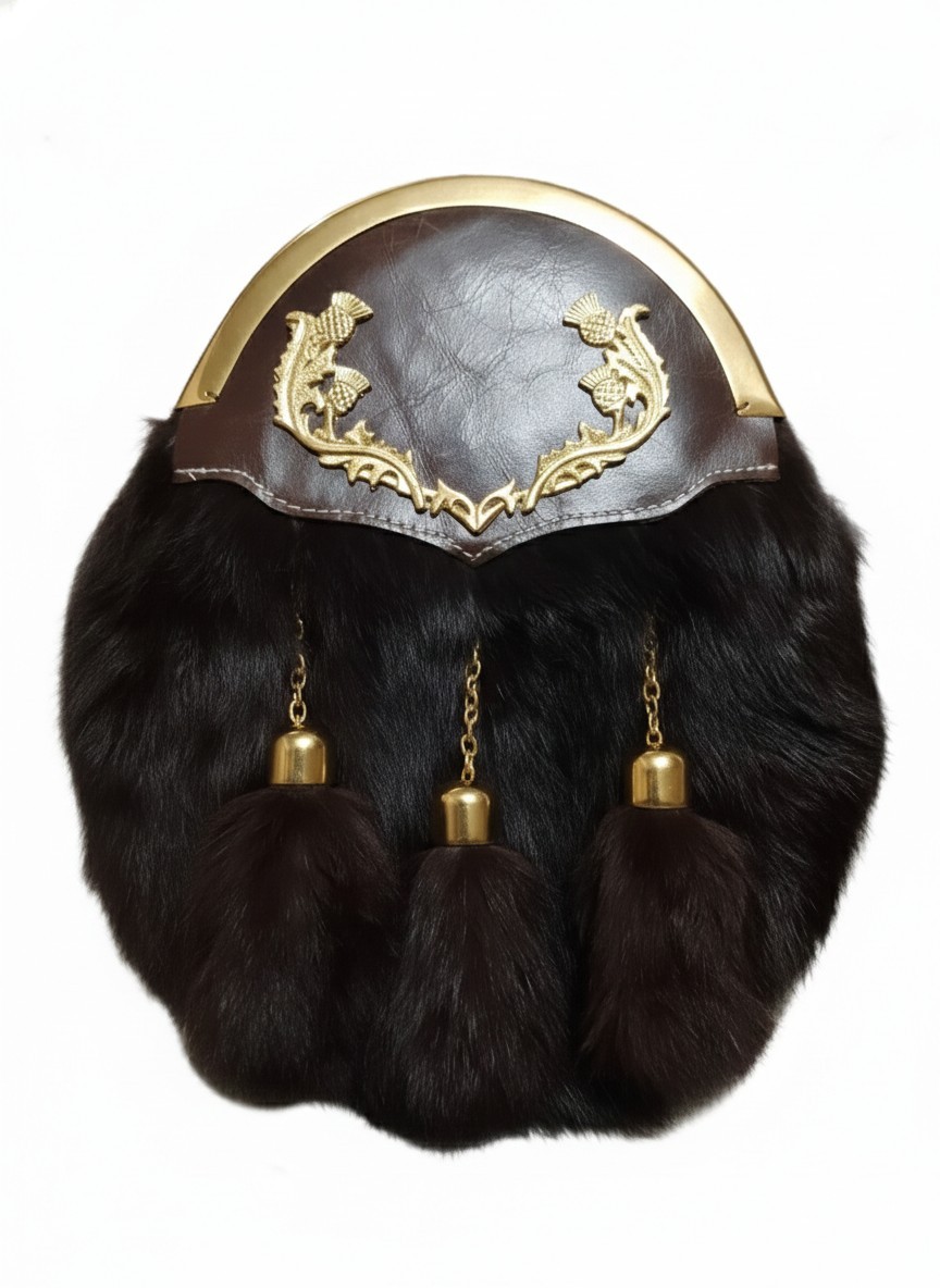 Handmade Real Leather Scottish Kilt Sporran | Dark Fur & Gold Thistle