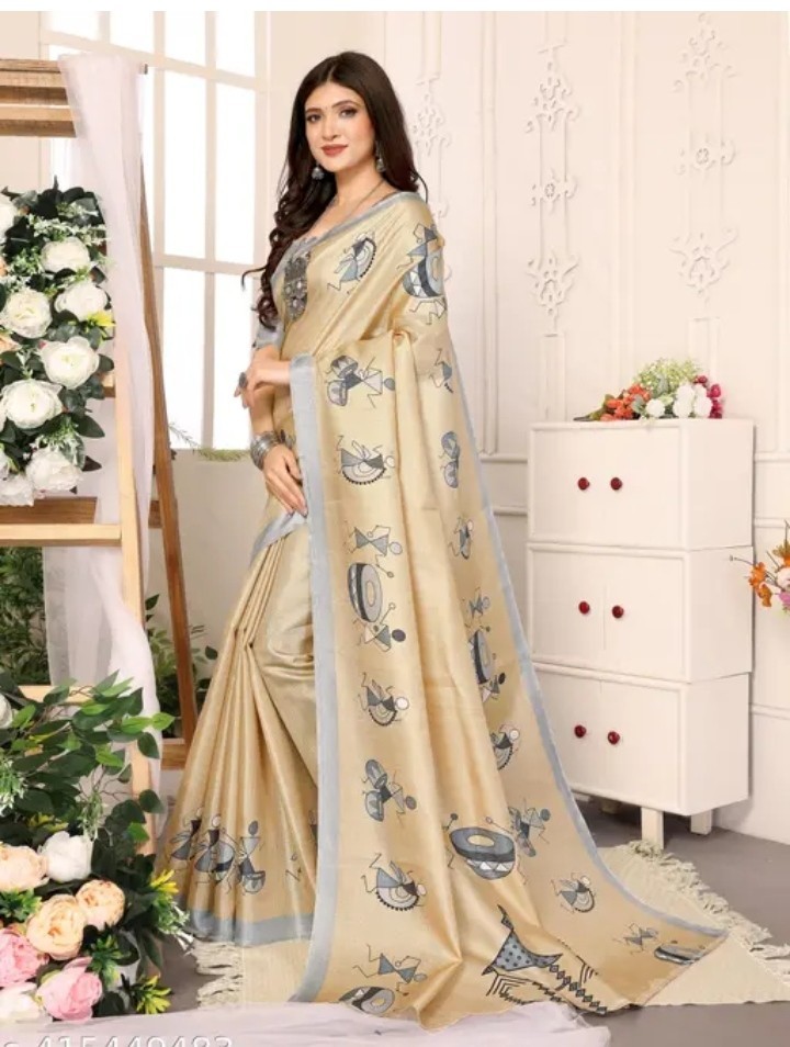 Designer Sari Bollywood Bridal Art Silk Beige Saree Wedding Unstitch Blouse