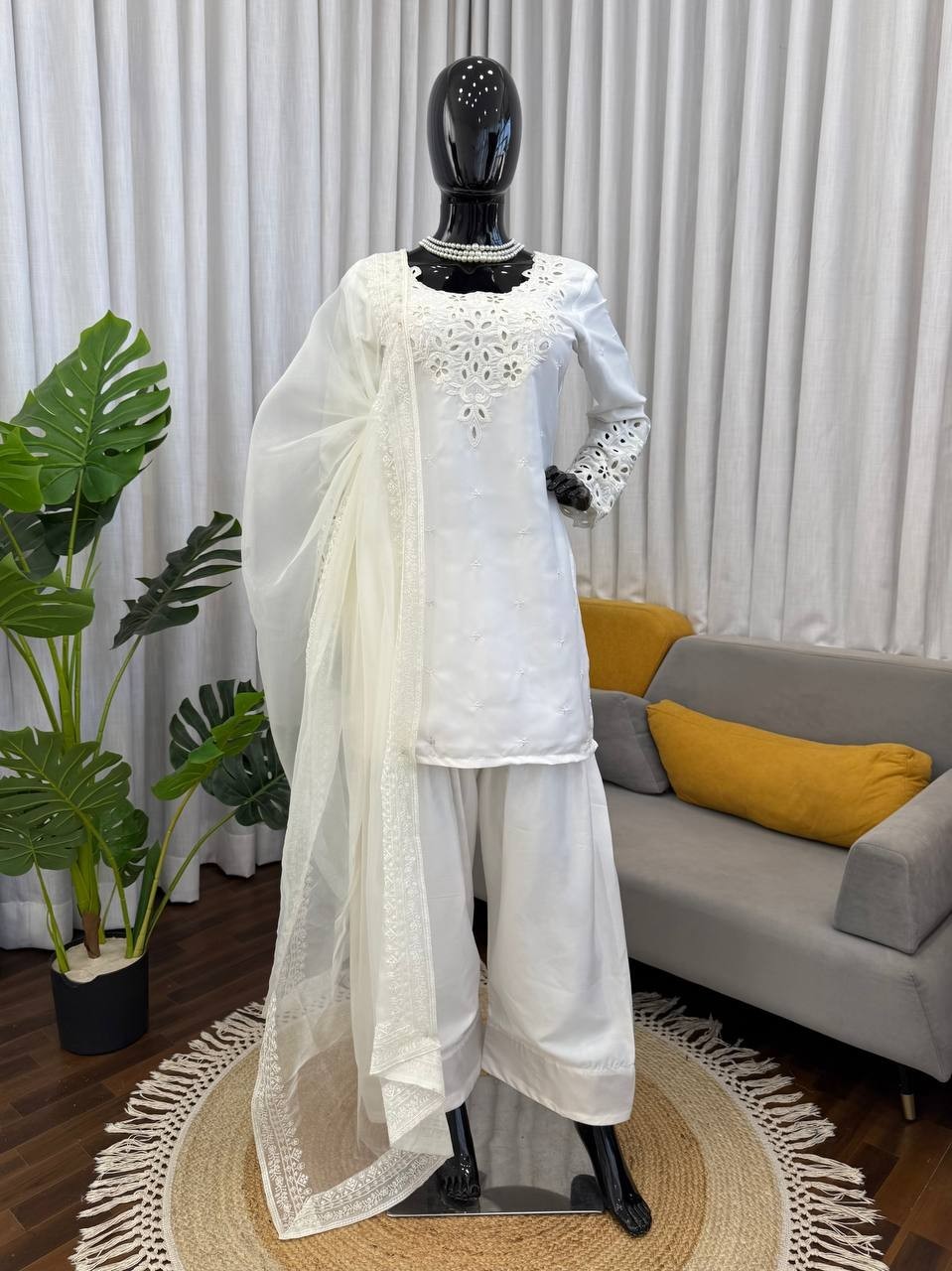 Ethnic Wear Natural Crep White Top Bottom With Dupatta For Women And Girls