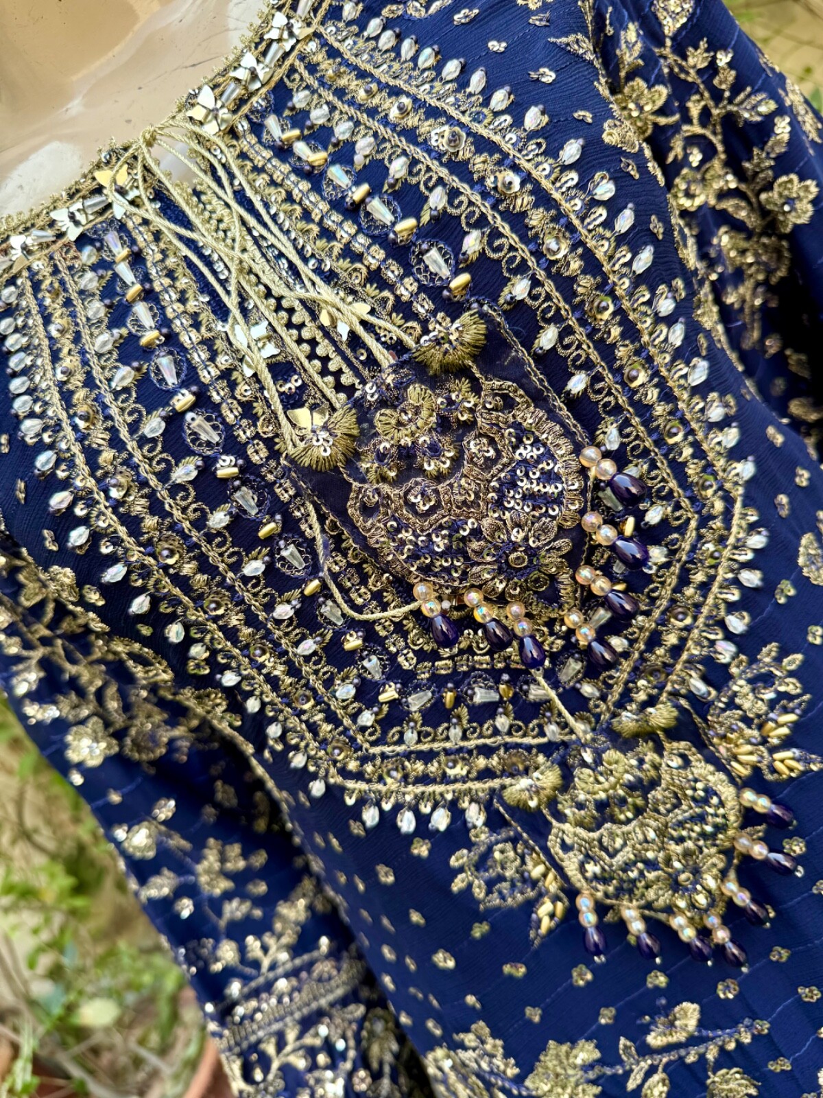 Pakistani Navy Blue Straight Style Embroidered Sequins Chiffon Sharara Dress,S