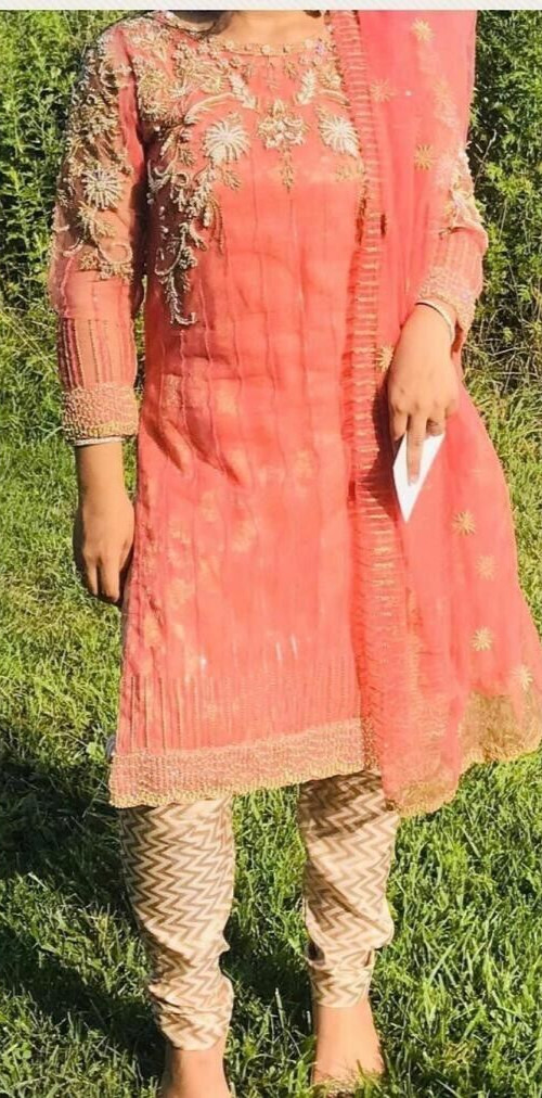 Pink Peach Party Wear Shalwar Kameez. Heavy Stone Work 38′ Small