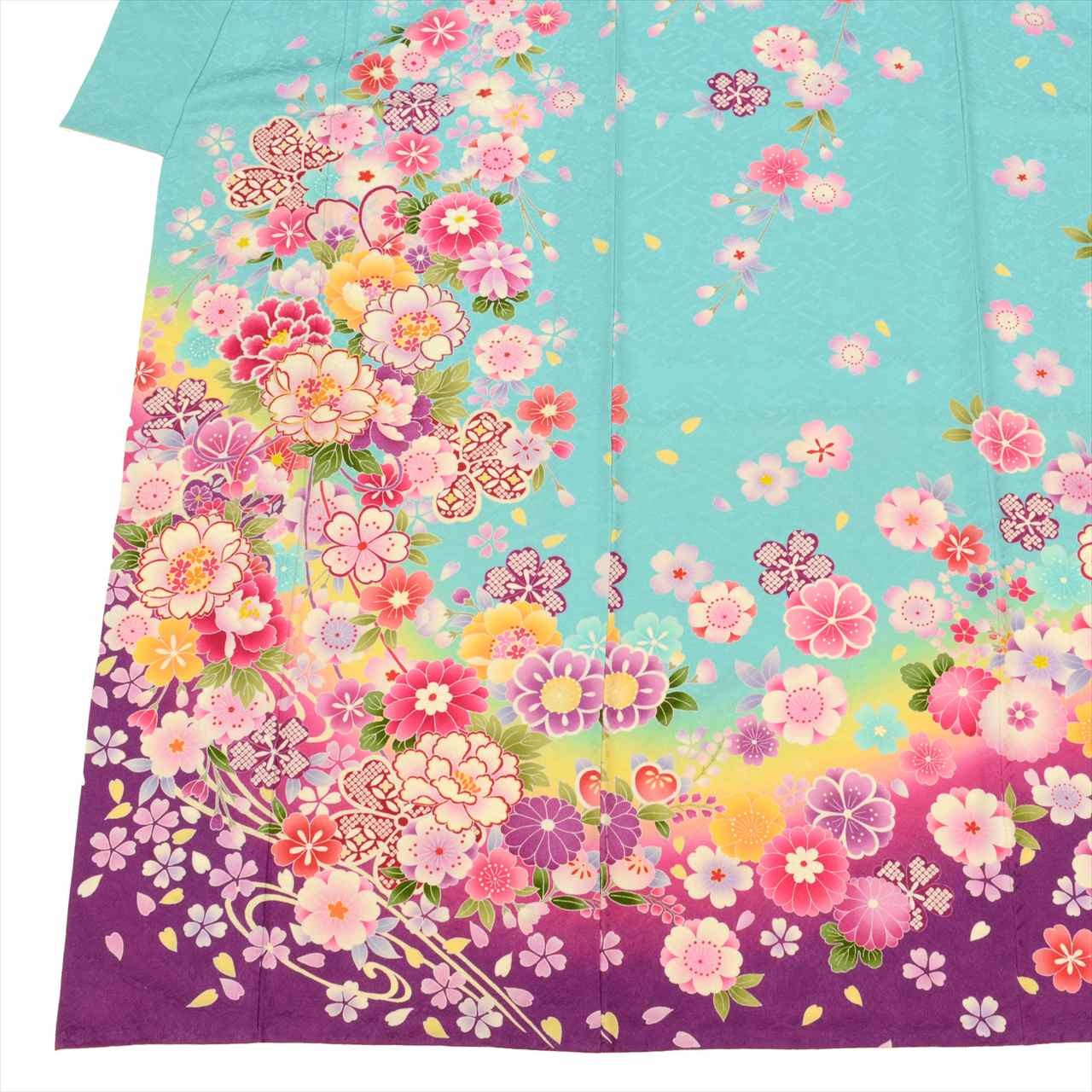 Vintage Japanese Kimono Furisode Silk Light Blue Gold Embroidery uu0243b*