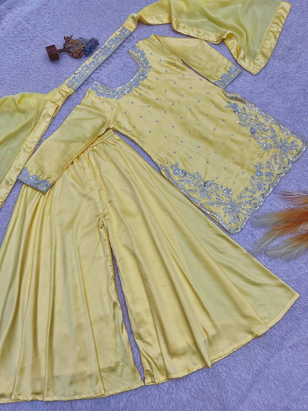 New Designer Yellow Devsena Silk Kurta Palazzo With Dupatta For Wedding Wear